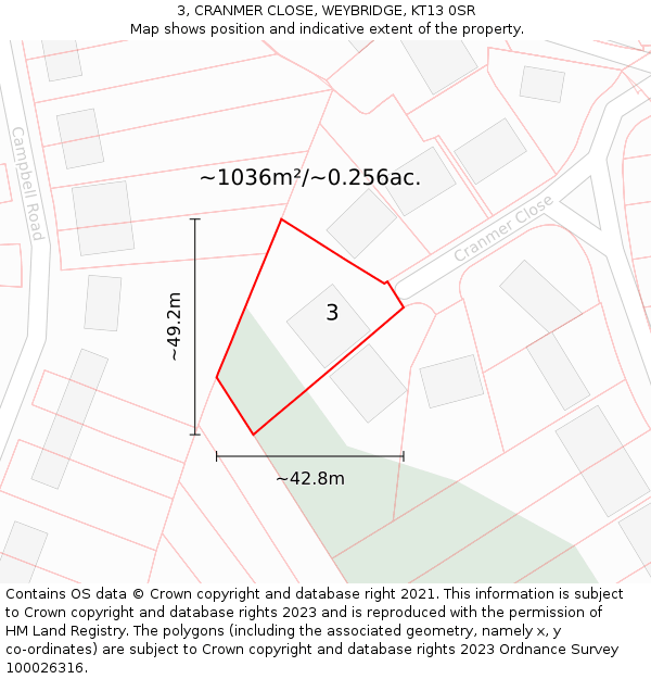 3, CRANMER CLOSE, WEYBRIDGE, KT13 0SR: Plot and title map