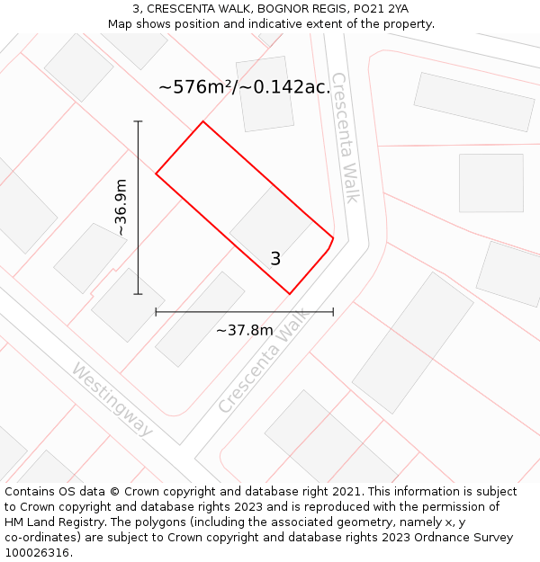 3, CRESCENTA WALK, BOGNOR REGIS, PO21 2YA: Plot and title map