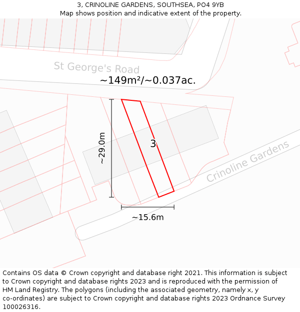 3, CRINOLINE GARDENS, SOUTHSEA, PO4 9YB: Plot and title map