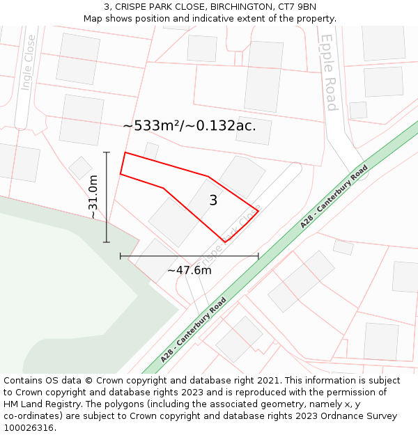 3, CRISPE PARK CLOSE, BIRCHINGTON, CT7 9BN: Plot and title map