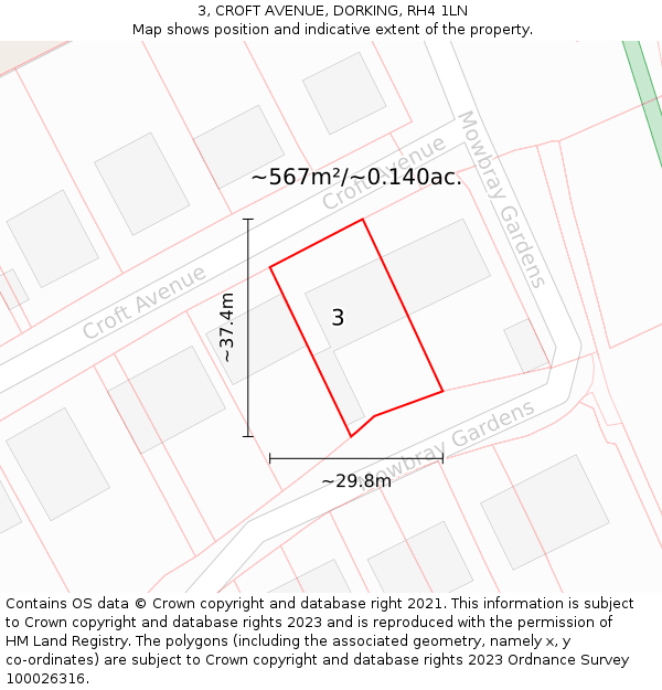 3, CROFT AVENUE, DORKING, RH4 1LN: Plot and title map