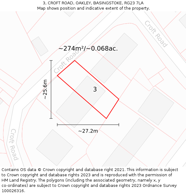 3, CROFT ROAD, OAKLEY, BASINGSTOKE, RG23 7LA: Plot and title map