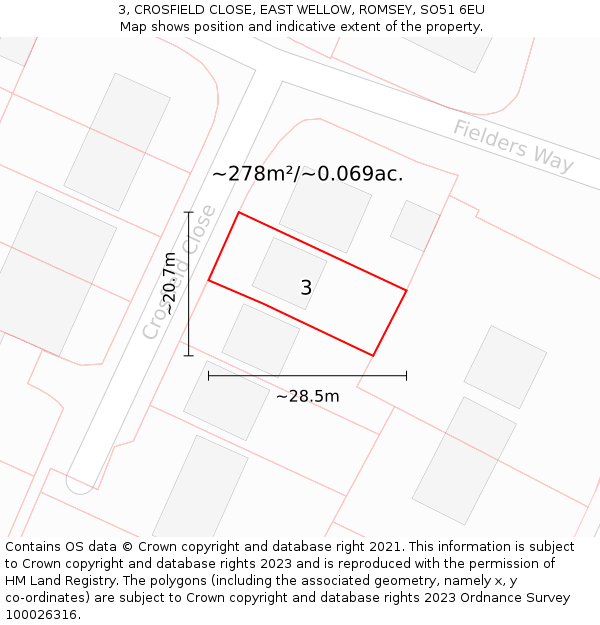 3, CROSFIELD CLOSE, EAST WELLOW, ROMSEY, SO51 6EU: Plot and title map