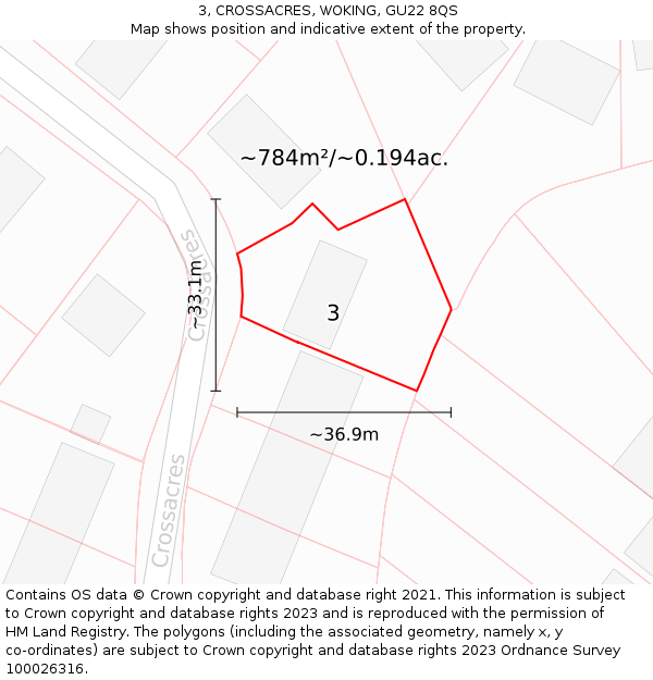 3, CROSSACRES, WOKING, GU22 8QS: Plot and title map