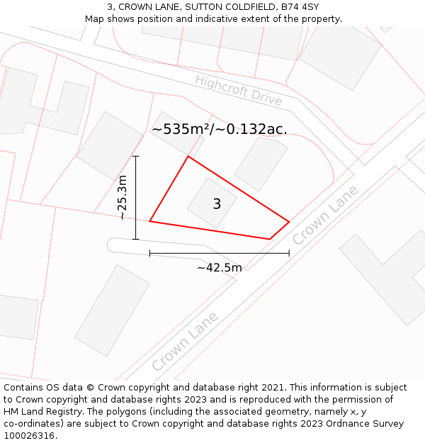 3, CROWN LANE, SUTTON COLDFIELD, B74 4SY: Plot and title map