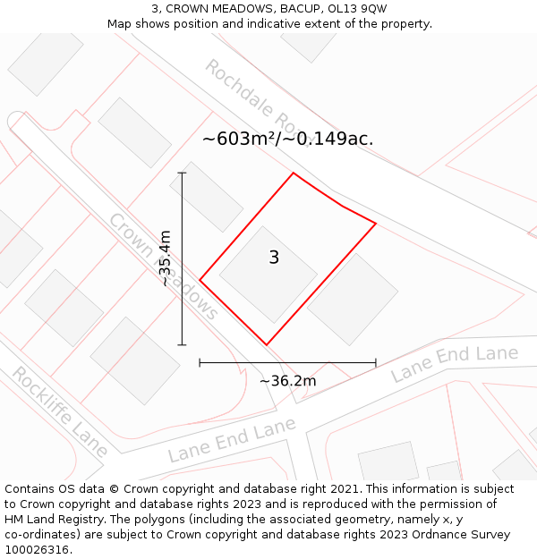 3, CROWN MEADOWS, BACUP, OL13 9QW: Plot and title map