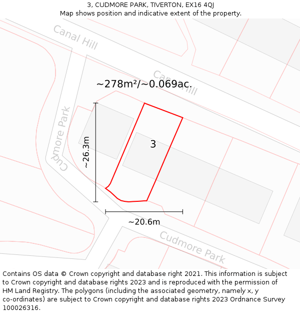 3, CUDMORE PARK, TIVERTON, EX16 4QJ: Plot and title map