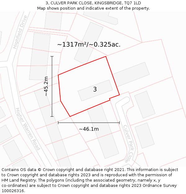 3, CULVER PARK CLOSE, KINGSBRIDGE, TQ7 1LD: Plot and title map