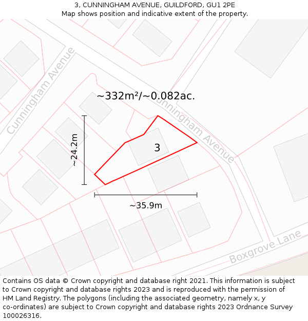 3, CUNNINGHAM AVENUE, GUILDFORD, GU1 2PE: Plot and title map