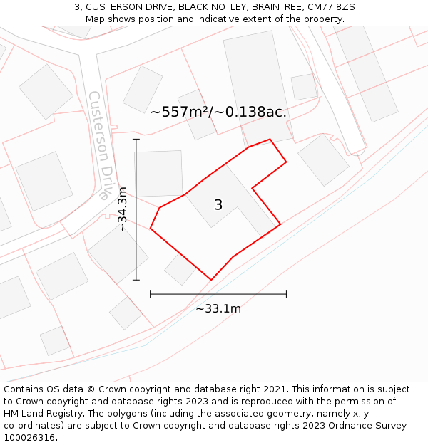 3, CUSTERSON DRIVE, BLACK NOTLEY, BRAINTREE, CM77 8ZS: Plot and title map