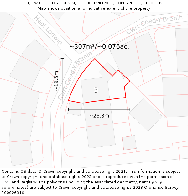 3, CWRT COED Y BRENIN, CHURCH VILLAGE, PONTYPRIDD, CF38 1TN: Plot and title map