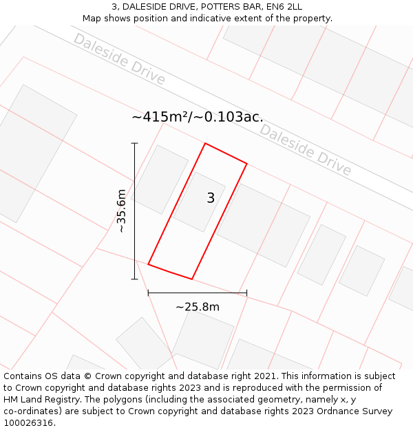 3, DALESIDE DRIVE, POTTERS BAR, EN6 2LL: Plot and title map