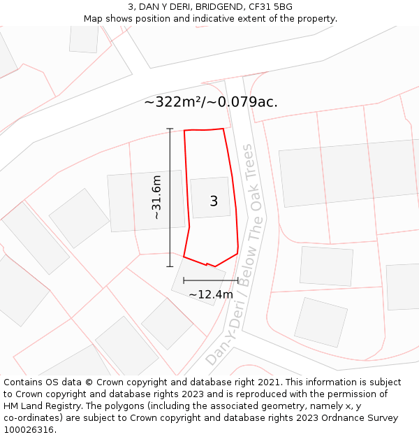 3, DAN Y DERI, BRIDGEND, CF31 5BG: Plot and title map