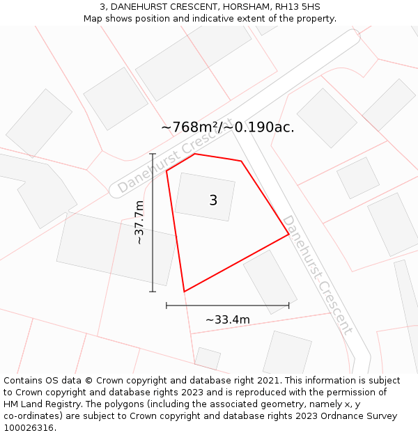 3, DANEHURST CRESCENT, HORSHAM, RH13 5HS: Plot and title map