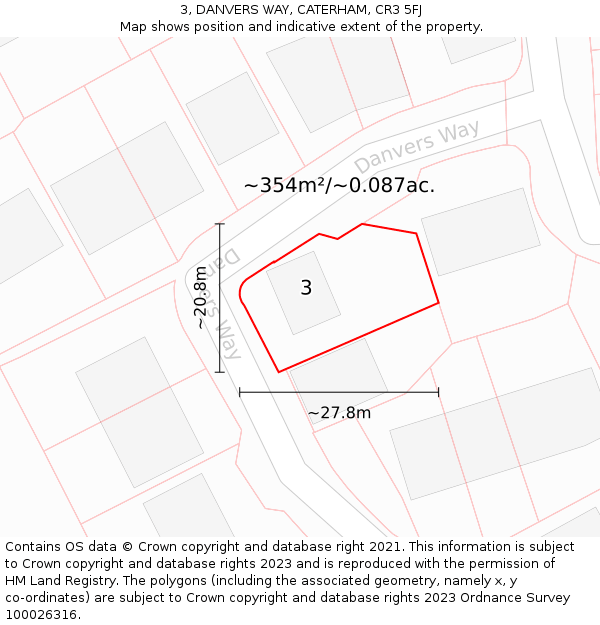 3, DANVERS WAY, CATERHAM, CR3 5FJ: Plot and title map