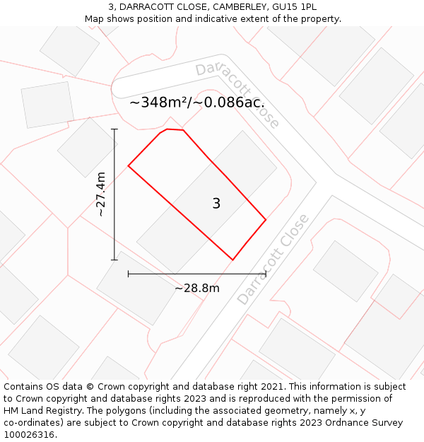 3, DARRACOTT CLOSE, CAMBERLEY, GU15 1PL: Plot and title map