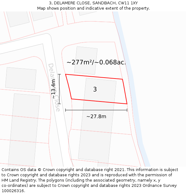 3, DELAMERE CLOSE, SANDBACH, CW11 1XY: Plot and title map