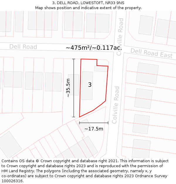 3, DELL ROAD, LOWESTOFT, NR33 9NS: Plot and title map