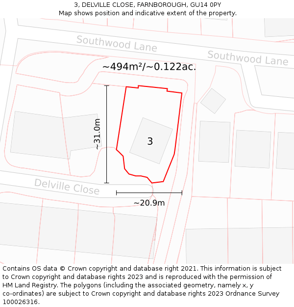 3, DELVILLE CLOSE, FARNBOROUGH, GU14 0PY: Plot and title map