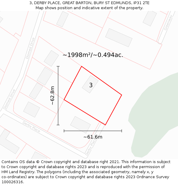 3, DERBY PLACE, GREAT BARTON, BURY ST EDMUNDS, IP31 2TE: Plot and title map