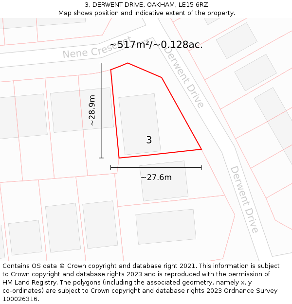 3, DERWENT DRIVE, OAKHAM, LE15 6RZ: Plot and title map