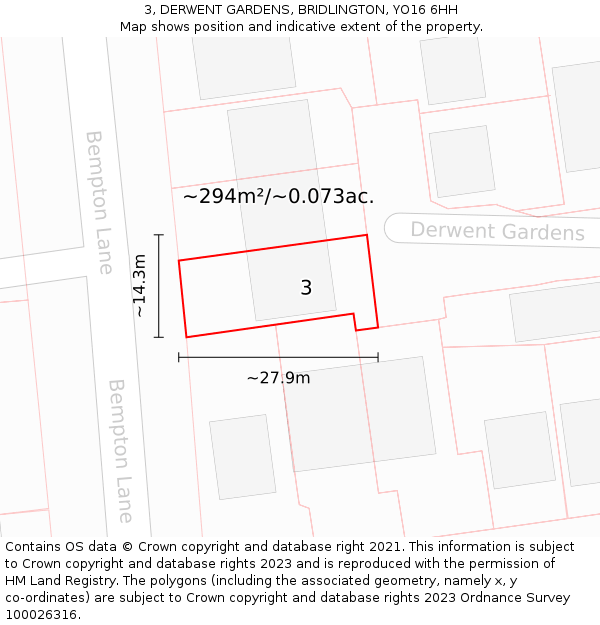3, DERWENT GARDENS, BRIDLINGTON, YO16 6HH: Plot and title map