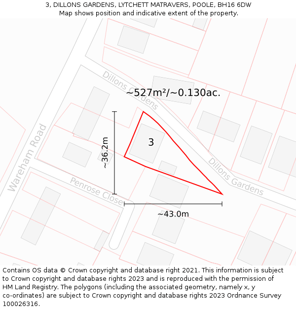 3, DILLONS GARDENS, LYTCHETT MATRAVERS, POOLE, BH16 6DW: Plot and title map