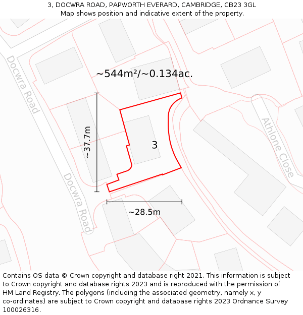 3, DOCWRA ROAD, PAPWORTH EVERARD, CAMBRIDGE, CB23 3GL: Plot and title map