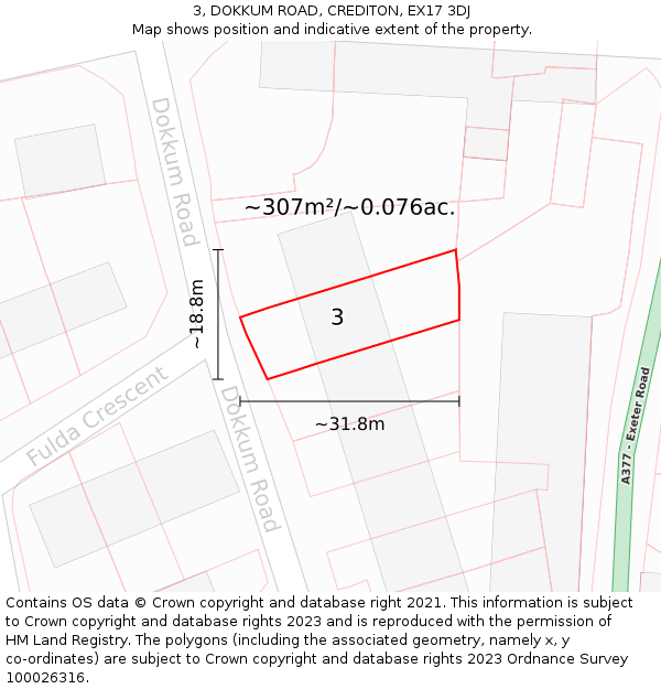 3, DOKKUM ROAD, CREDITON, EX17 3DJ: Plot and title map