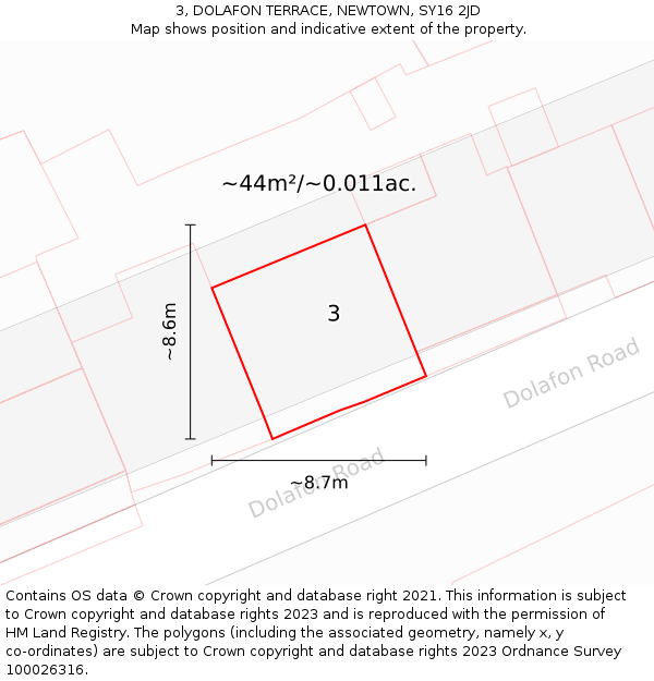 3, DOLAFON TERRACE, NEWTOWN, SY16 2JD: Plot and title map