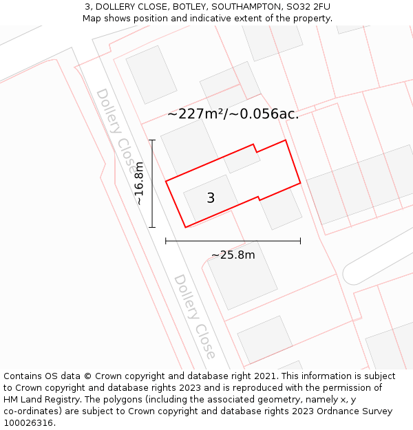 3, DOLLERY CLOSE, BOTLEY, SOUTHAMPTON, SO32 2FU: Plot and title map