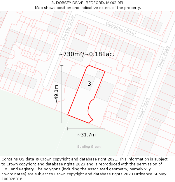 3, DORSEY DRIVE, BEDFORD, MK42 9FL: Plot and title map