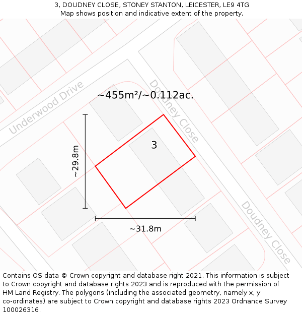 3, DOUDNEY CLOSE, STONEY STANTON, LEICESTER, LE9 4TG: Plot and title map