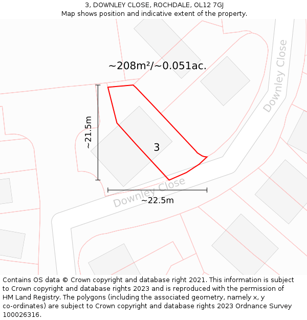3, DOWNLEY CLOSE, ROCHDALE, OL12 7GJ: Plot and title map