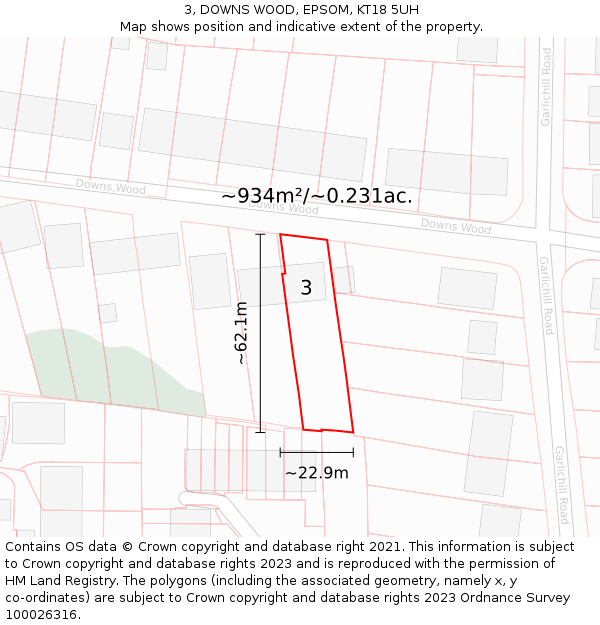 3, DOWNS WOOD, EPSOM, KT18 5UH: Plot and title map