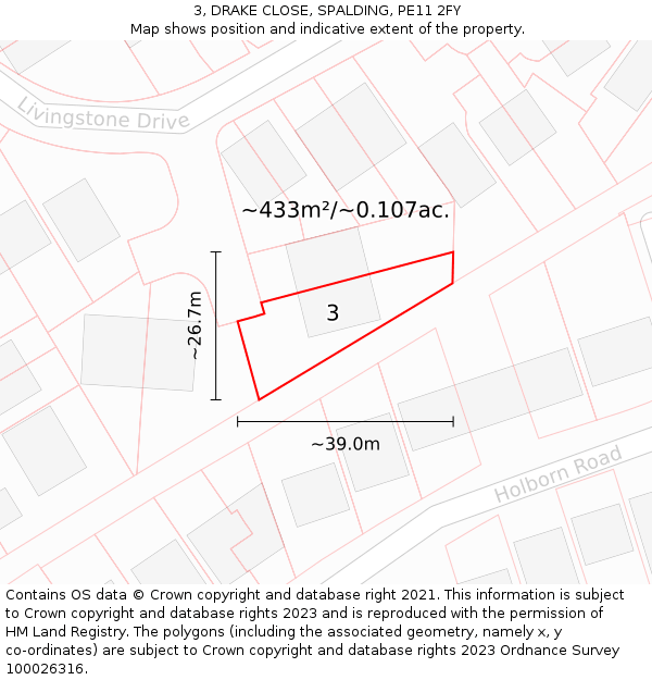 3, DRAKE CLOSE, SPALDING, PE11 2FY: Plot and title map