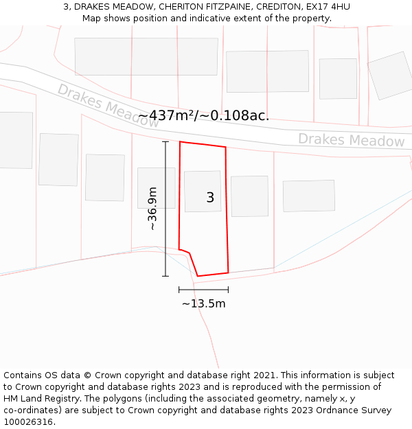 3, DRAKES MEADOW, CHERITON FITZPAINE, CREDITON, EX17 4HU: Plot and title map