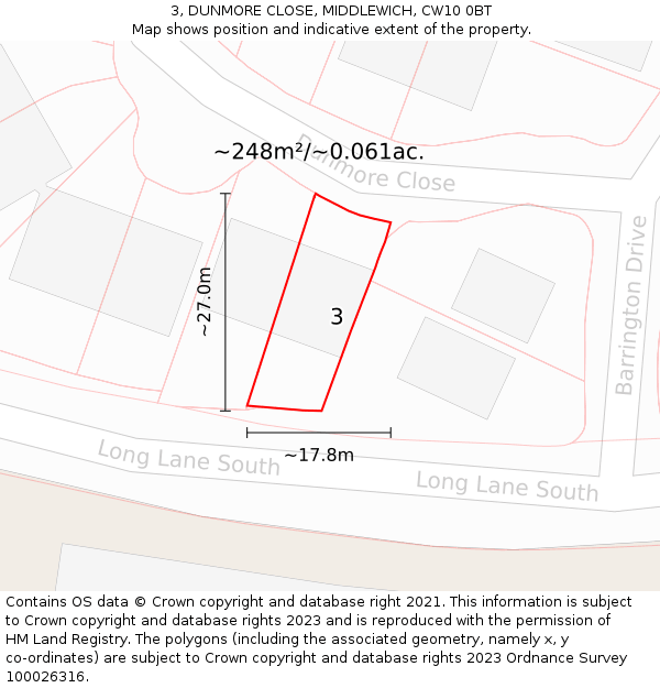 3, DUNMORE CLOSE, MIDDLEWICH, CW10 0BT: Plot and title map