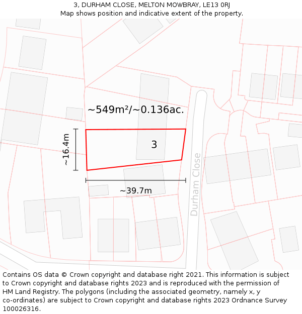 3, DURHAM CLOSE, MELTON MOWBRAY, LE13 0RJ: Plot and title map