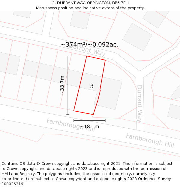 3, DURRANT WAY, ORPINGTON, BR6 7EH: Plot and title map