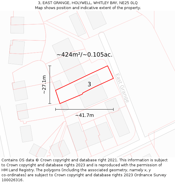 3, EAST GRANGE, HOLYWELL, WHITLEY BAY, NE25 0LQ: Plot and title map