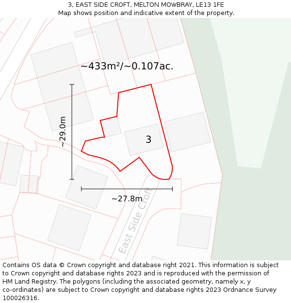 3, EAST SIDE CROFT, MELTON MOWBRAY, LE13 1FE: Plot and title map