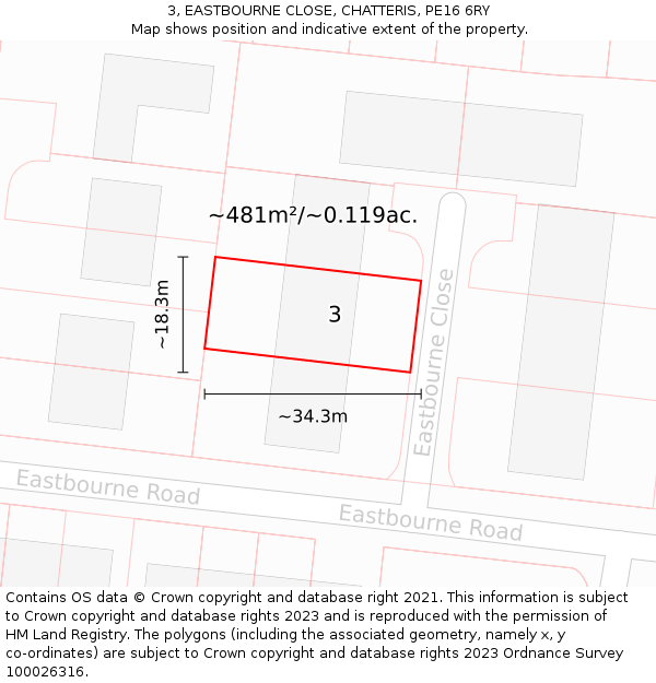 3, EASTBOURNE CLOSE, CHATTERIS, PE16 6RY: Plot and title map