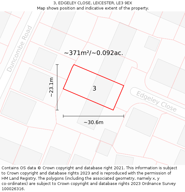 3, EDGELEY CLOSE, LEICESTER, LE3 9EX: Plot and title map