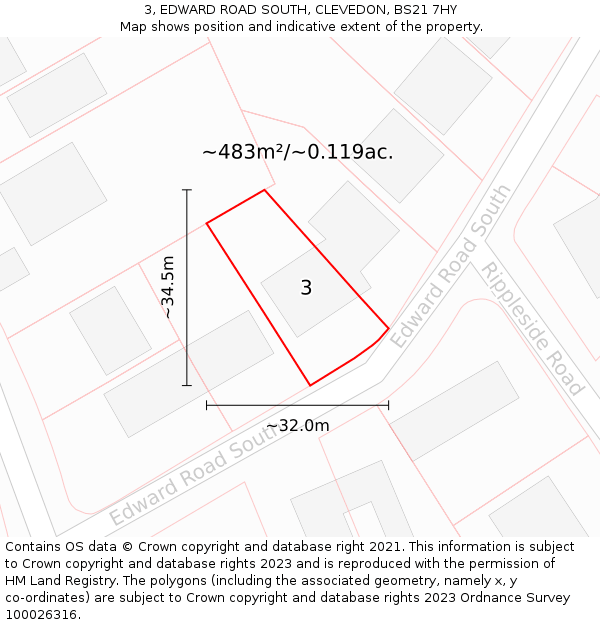 3, EDWARD ROAD SOUTH, CLEVEDON, BS21 7HY: Plot and title map