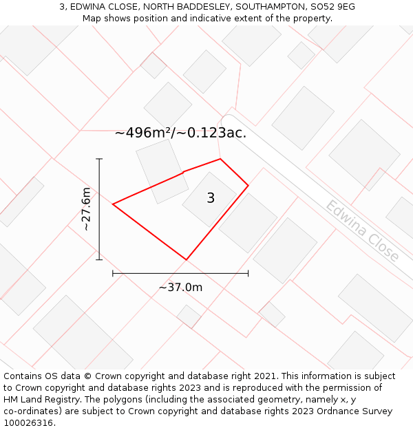 3, EDWINA CLOSE, NORTH BADDESLEY, SOUTHAMPTON, SO52 9EG: Plot and title map