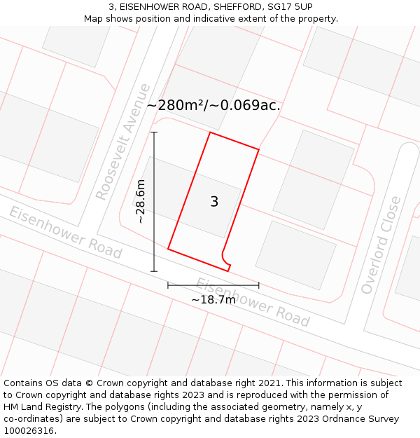 3, EISENHOWER ROAD, SHEFFORD, SG17 5UP: Plot and title map