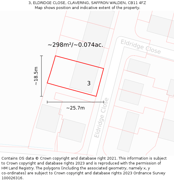 3, ELDRIDGE CLOSE, CLAVERING, SAFFRON WALDEN, CB11 4FZ: Plot and title map