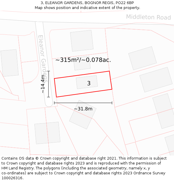 3, ELEANOR GARDENS, BOGNOR REGIS, PO22 6BP: Plot and title map