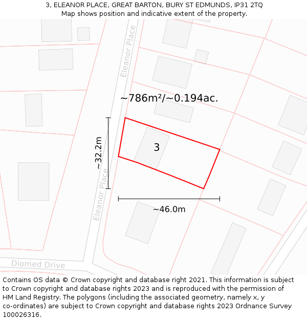 3, ELEANOR PLACE, GREAT BARTON, BURY ST EDMUNDS, IP31 2TQ: Plot and title map